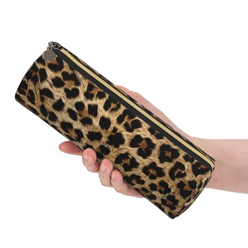 OSAM SPACE Leather Pencil Case Round Pencil Bag Leopard Print Pen Organizer Holder Portable Zipper Pouch Cute School Supplies for Girls Boys Study Office - color: Leopard Print