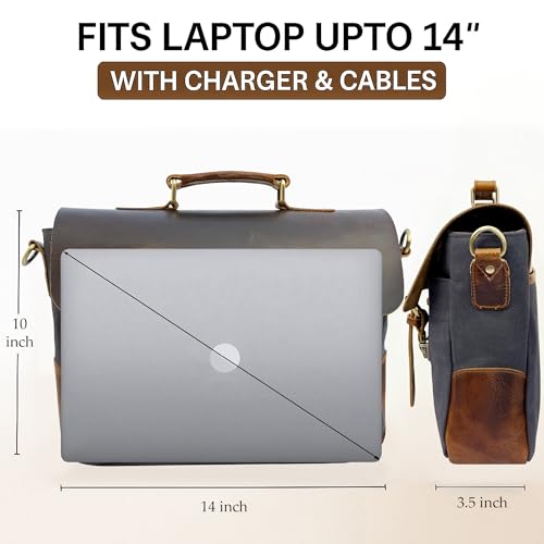 Leather Messenger Bag for Men, 14 Inch Canvas Laptop Bag, Vintage Satchel - color: Dark Grey