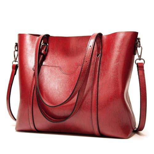 Pahajim Faux Leather Tote Bag for Women, Large Zipper Shoulder Purse - color: Red