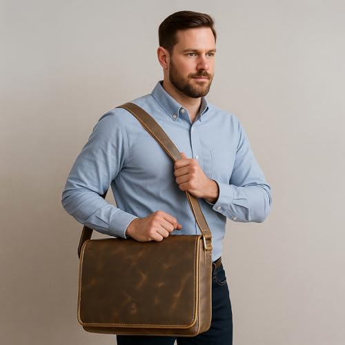 Leather Messenger Bag for Men - 16 Inch Full Grain Vintage Laptop Satchel | Crossbody Office Bag Fits 16" Laptop, Quick Access Pockets, Adjustable Shoulder Strap, Magnetic Closure, Travel Trolley Strap - color: Brown