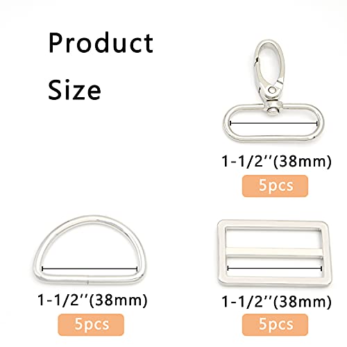 15Pcs Metal Swivel Snaps Hooks with D Rings and Tri-Glides Slide Buckles for Key Lanyard Purse Bag Straps Dog Collars DIY Sewing Hardware Craft (1-1/2 inch,Silver) - color: Silver, size: 1-1/2 inch
