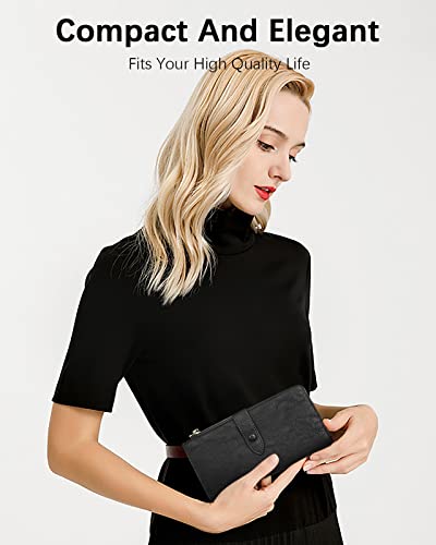 BOSTANTEN Womens Leather Wallet RFID Large Capacity Credit Card Holder | 4 ID Windows, 16 Card Slots, Zipper Coin Pocket, Clutch Wallet, Long Bifold, Ladies Gifts, Grey Black - color: B-Black-oil wax
