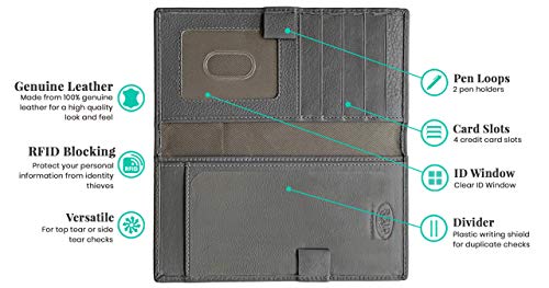 RFID Leather Checkbook Cover With Credit Card Slots and Pen Holder - color: Grey