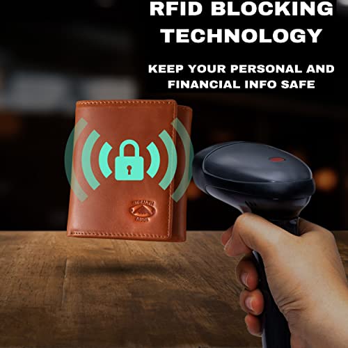 Stealth Mode Trifold Wallet for Men RFID Blocking – Genuine Napa Leather Extra Capacity Mens Wallet, 11 Card Slots, 3 ID Windows, Flip Out ID Holder, Large Tri Fold Leather Wallet for Men - Gift Ready - color: Light Brown