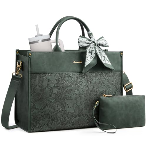 LOVEVOOK Laptop Tote Bag for Women, Vintage Work Bag with Large Cup Holder | Waterproof Business Computer Bag,Teacher Handbag Purse Briefcase,Office Gifts for Women with Silk Scarf - color: Green (Embossed), size: 17.3 Inch