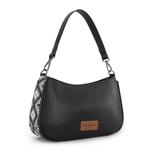 Wrangler Shoulder Bag for Women Western Small Purse Hobo Handbag | Aztec, Underarm Bag, 2 Detachable Straps, Secure Zipper Closure, Back Pocket, Crossbody Bag for dates, travel and everyday - color: Black