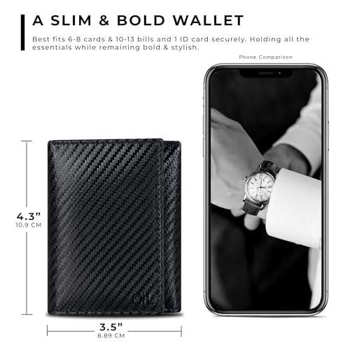 Trifold Leather Wallet for Men - RFID Slim Minimalist Front Pocket 6 Slots - color: Black Carbon/Cognac