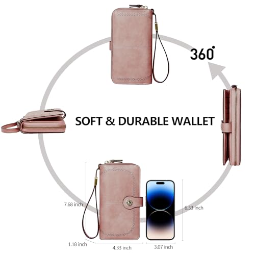 TFKGS Wallet for Women RFID Blocking Leather Large Capacity Card Holder Ladies Phone Clutch Travel Long Purse Wristlet | RFID Blocking - color: 1-Pink