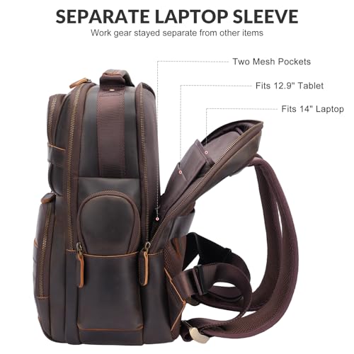 TIDING Men's Leather Backpack 14" & 15.6" Laptop Business Travel Daypack | Thick Sponge Padded Laptop & Tablet Sleeves, Water Bottle Holder, Luggage Strap, Anti-theft Pocket, Large Capacity - color: Dark Brown(fits 14" Laptop)