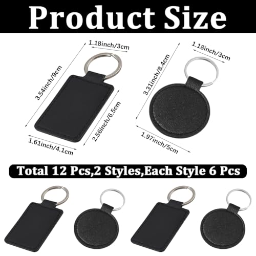 12PCS 2 Styles PU Leather Keychain Blanks Rectangular Round Leather Key Fob Kit Blank Key Chain with Metal Keyring Ornament Pendants for Stamping Engraving DIY Crafts Making Working(Black)