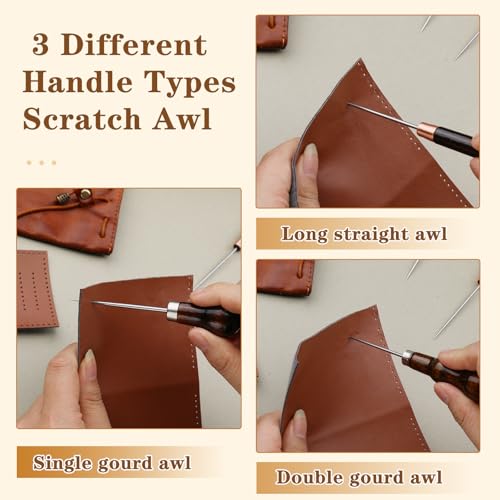 ZXIIXZ 3 Pack Leather Scratch Awls Tool, Wooden Handle Sewing Awl | Leather Awls for Stitching Punching Sewing, Scratch Awl Tool Supplies for DIY Leather Sewing Punching Craft Repair - color: 3 Pcs Wooden Brown