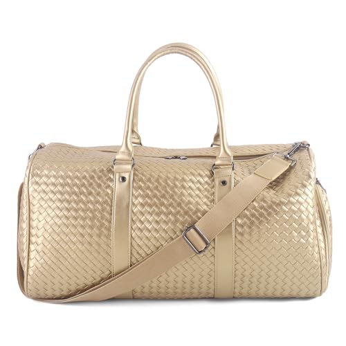 Weekender Bags for Women Woven Leather Travel Duffle Bag Gym Tote (Gold) | Carry On Bag for Men with Shoe Compartment Dry and Wet Separation - color: Gold