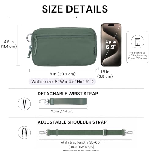 Nylon Wristlet Wallets for Women, Zip Crossbody Phone Purse with Card Slots | Two detachable straps, 8 card slots, clear ID window, dual compartments, and room for a 6.9-inch phone - color: Green