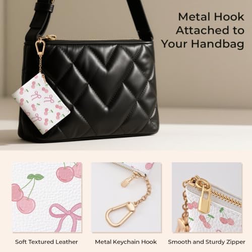 Cherry Bow Keychain Cute Coin Purse for Women, Small Change Pouch | Zipper Key Chain Purse, Little Mini Zip Pocket, PU Leather, Travel Wallet for Girls, Coin Cash Holder, Key Ring, Women Gifts - color: Coquette Bow