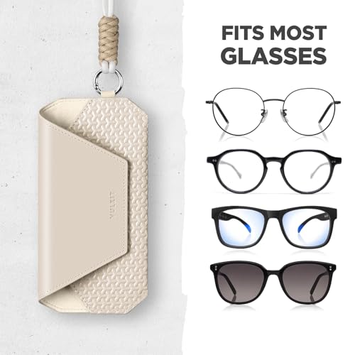 VULKIT Portable Leather Eye Glasses Case for Women & Men, Slim Sunglass Case, Unisex Eyeglass Case - color: Moonstone Beige With Lanyard