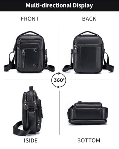 Leather Crossbody Bag for Men with Double Compartments | Genuine cowhide,two roomy sections,adjustable strap,zip closure,ideal for work,commuting,travel and gifts - color: Black-1