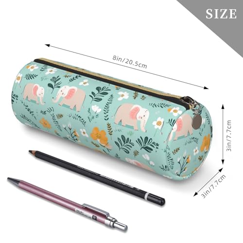 OSAM SPACE Leather Pencil Case Round Pencil Bag Cartoon Elephants Flowers Pen Organizer Holder Portable Zipper Pouch Cute School Supplies for Girls Boys Study Office - color: Cartoon Elephants Flowers