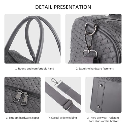 Weekender Bags for Women Woven Leather Travel Duffle Bag Gym Tote (Gray) | Carry On Bag for Men with Shoe Compartment Dry and Wet Separation - color: Gray