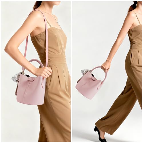 Mini Bucket Bags for Women, Vegan Leather Small Crossbody Purse with Removable Straps Trendy Top Handle Shoulder Straps - color: Pink