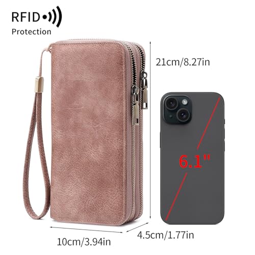 Women Leather Wallet Crossbody Shoulder Bag with Double Zipper and Mobile Phone Purse with Shoulder Strap - color: QB393-Pink