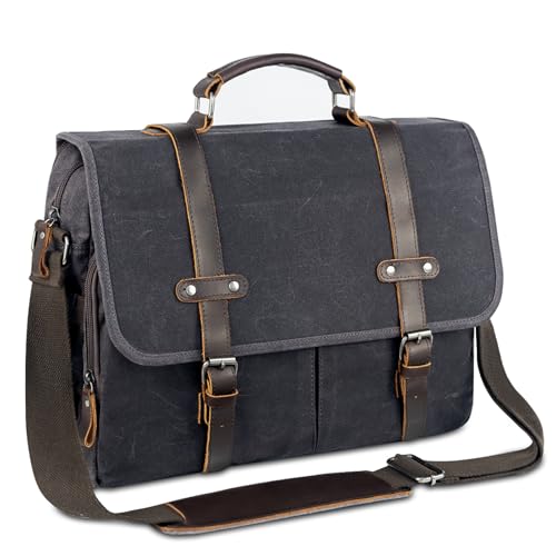 Vintage Men Laptop Bag, 15.6 Inch Messenger Bag Leather Waxed Canvas | Briefcase Large Computer Laptop Bag Briefcase Satchel Handbags Crossbody Bags Water Resistant Work Business Travel - color: Grey Black