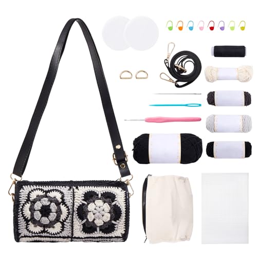 Noocro Crochet Kit for Cylindrical Bucket Bag, Purse, Complete DIY Kit with Detailed Instructions, Video Tutorials, for Beginners with Basic Crochet Knowledge or Intermediate and Advanced Crocheters - color: Ink Ivory