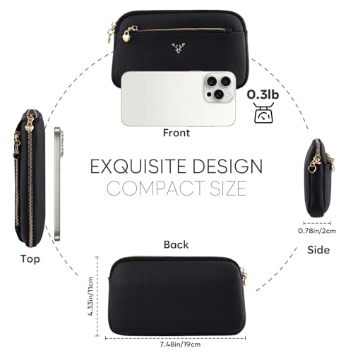 Genuine Leather Wristlet Wallets for Women Clutch Purse with Detachable Strap Slim Phone Wallet for Travel Wedding - color: Black
