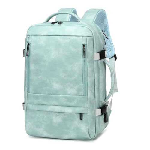 Travel Backpack Women, PU Leather Carry On Backpack Flight Approved, Blue | 40L Expandable, Laptop Compartment, Personal Item Travel Bag, Weekender Business - color: Light Blue