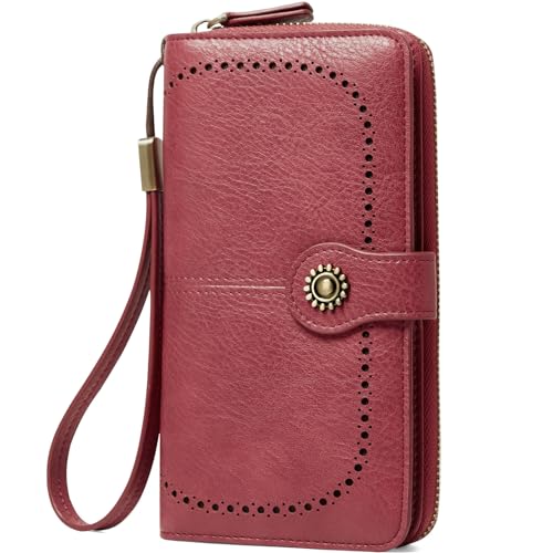 TFKGS Wallet for Women RFID Blocking Leather Large Capacity Card Holder Ladies Phone Clutch Travel Long Purse Wristlet | RFID Blocking - color: 1-Red