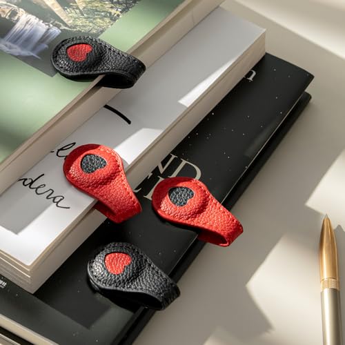 Ovesmusl 2Pcs PU Leather Heart Magnetic Bookmarks with Pen Holder | Red and black set with double-sided magnets, gift box included, for books, notebooks, magazines, readers and teachers - style: Heart (Red+Black)