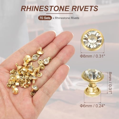 PATIKIL 8mm Leather Rivets, 70 Sets Rhinestone Rivet Studs Double Cap Spikes Rivet for Leather Crafting for Decor Repair DIY Clothing Belts Bags Shoes, Transparent Gold Tone - color: Transparent, size: 8mm