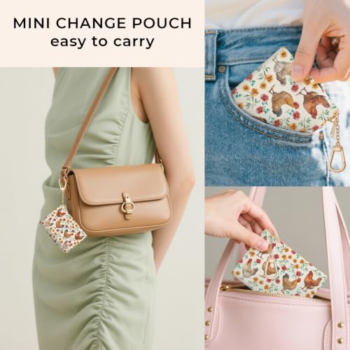Chicken Rooster Keychain Coin Purse for Women, Small Change Pouch | Cute Floral Key Chain Purse, Mini Zipper Pocket, PU Leather, Travel Wallet for Girls, Coin Holder, Key Ring, Women Gifts - color: Chicken Rooster