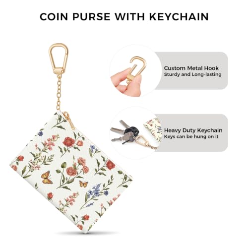 Flower Butterfly Keychain Coin Purse for Women, Cute Change Pouch | Zipper Key Chain Purse, Small Little Zip Pocket, PU Leather, Travel Wallet for Girls, Tiny Coin Holder, Key Ring, Women Gifts - color: Flower Butterfly