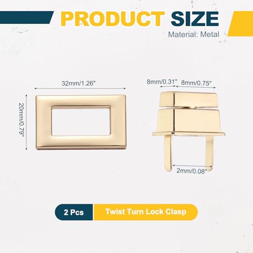 M METERXITY 2Pcs Purse Twist Lock Closure (1.26x0.79in, Light Gold) | Rectangular Purse Closure Twist Turn Lock Clasp Metal Clip Hardware Apply to DIY Handbag/Wallet/Leather Craft - color: Light Gold, size: 1.26 x 0.79"
