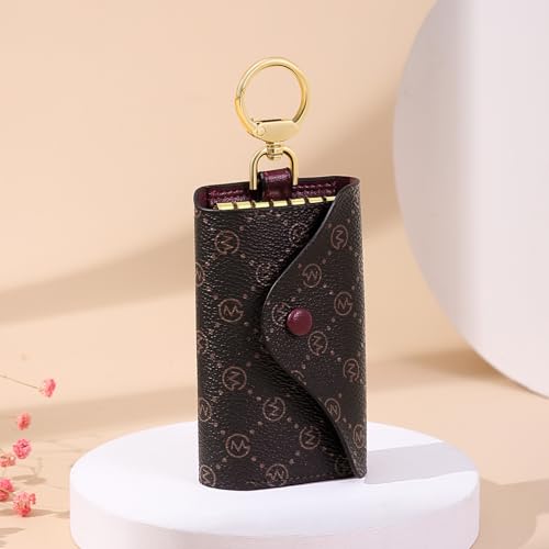 GOLF SUPAGS Women PVC Leather Car Key Chain Card Holder Wallet Pouch 6 Hook Snap Closure keys Money Organizer Case | Card Holder - color: Brown×Wine