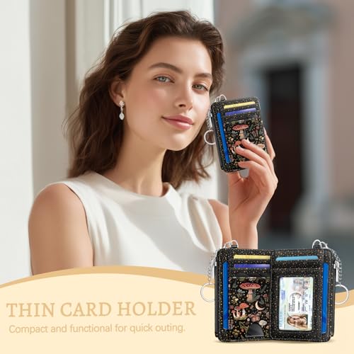 Kelvoris Credit Card Holder Small Wallet Women, Slim RFID, Mushroom Flower | Keychain, Zipper Coin Pocket, Front Pocket Thin Travel Card Case, Minimalist, 6 Card Slots, 1 ID Window, Ladies Gifts Woman - color: Mushroom