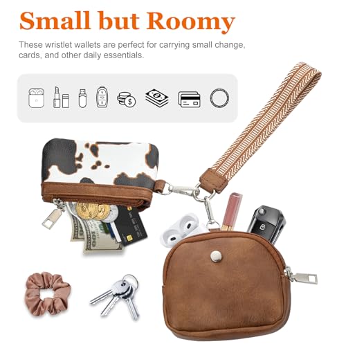 KUKOO Wristlet Wallets for Women, Zip Around Coin Purse Detachable Dual Pouch Keychain Wallet - color: Brown Cow