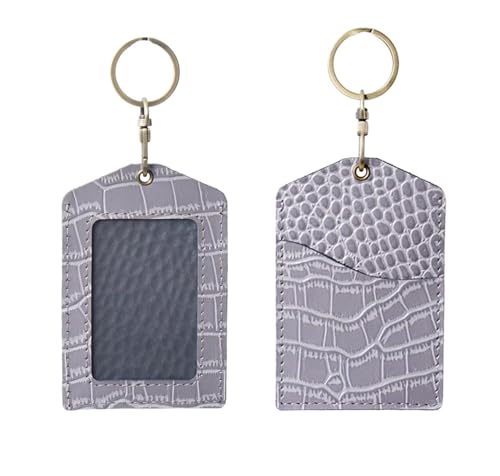 Genuine Real Leather ID Badge Holder, Top Grain Leather Vertical ID Holder with Gold Metal Keyring (Gray) - color: 09 Id Holder - Gray