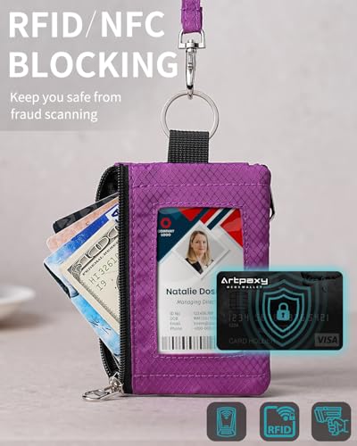 Artpaxy Minimalist Wallet For Mens Womens, Keychain RFID Blocking Zipper Small Wallet with ID Window 2 Lanyards,Water Resistant Travel Cash Card Coin Case Boys Girls - color: Purple