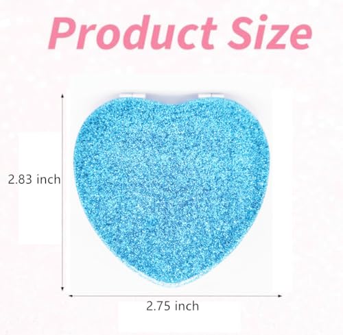 Cute Heart Shaped Compact Mirror for Purse,Blue Travel Mirror with Glitter,Leather Small Pocket Mirror,Portable 2 x 1x Magnification Folding Makeup Mirror,Cosmetic Mirror for Gift - color: Blue-heart Shape