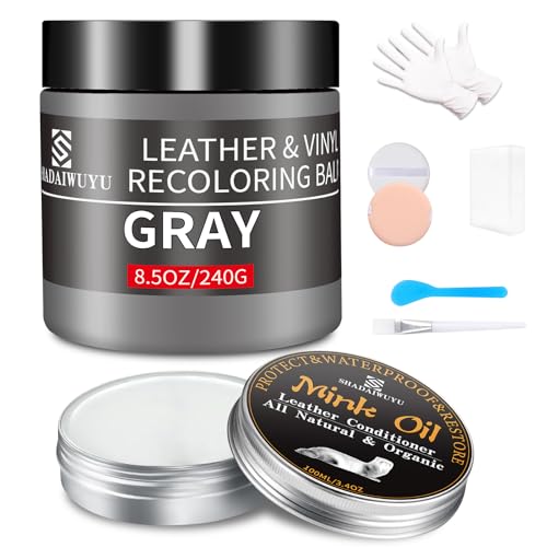SHADAIWUYU 8.5oz Leather Recoloring Balm with 100ml Mink Oil,Gray Leather Repair kit for Furniture and Car Interior,Leather Couch Scratch Repair,Leather Dye Paint,Mink Oil for Leather - color: Gray, size: Leather Recoloring Balm+Mink Oil
