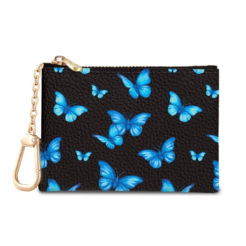 Blue Butterfly Keychain Coin Purse for Women, Small Change Pouch | Zipper Key Chain Purse, Little Tiny Zip Pocket, PU Leather, Travel Wallet for Girls, Cute Coin Holder, Key Ring, Women Gifts - color: Blue Butterfly