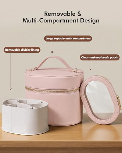 Prite 2 Pcs Makeup Bag Set Travel Cosmetic Case with Clear Pouch for Women | Removable Divider, Vanity Case, Waterproof, Vegan Leather, Elastic Slot, Dual Zipper, Structured, Easy Clean - color: Light Pink