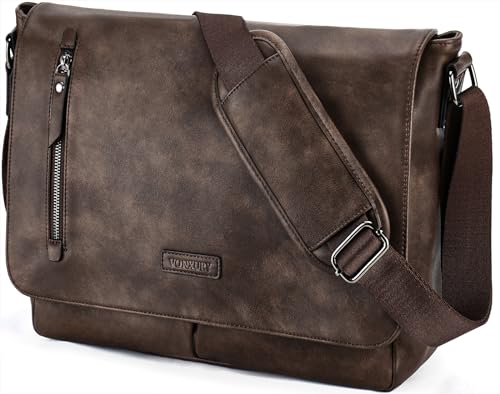 VX VONXURY Messenger Bag for Men, PU Leather Laptop Briefcase Bag for Work | Shoulder Bag for Office, Fits 14" Laptop, Vintage Satchel Bag with Padded Shoulder Strap, Padded Laptop Sleeve, Waterproof - color: 14inch Coffee