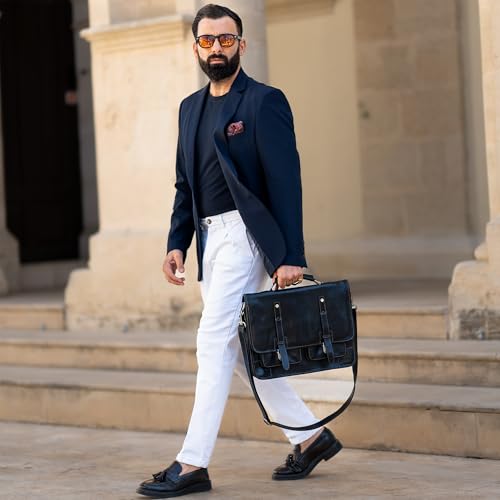 Time Resistance Leather Briefcase – Italian Handmade Leather Laptop Bag – Briefcase Convertible into Backpack - color: Black