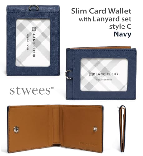 Slim Leather Lanyard Wallet, Folding Card Holder with Snap Button, ID Badge Neck Wallet Set (Two-Tone, Navy) - color: Navy, style: Two-tone