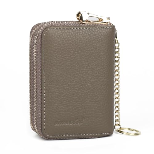 imeetu Rfid Credit Card Holder, Businese Card Case, Wallet for Women Men | Genuine Leather Card Wallet with id Window, Keychain & Double Zipper, Water-resistan Small Wallet with Gift Box, Daily Travel - color: Max - Grey