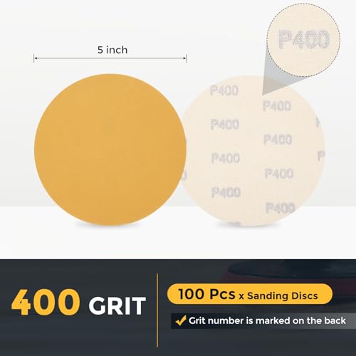 HARFINGTON 100 Pcs 5 Inch Sanding Discs 400 Grit Yellow Aluminum Oxide - size: 5 Inch(400 Grit)