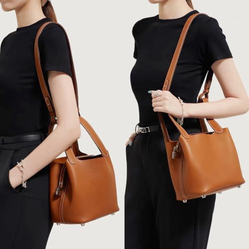 Genuine Leather Bucket Bag with Shoulder Strap, Organizer Insert & Silk Scarf for Women Handbag Tote Bag - color: Elephant Gray-sliver