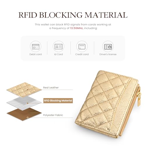 befen Genuine Leather Small RFID Bifold Wallet Women with Zipper Pocket Keychain Metallic Gold Wallet Purse for Women - color: Gold